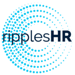 Ripples HR logo which is Ripples HR in navy in light blue circles made of dots of increasing and decreasing size to depict a water ripple